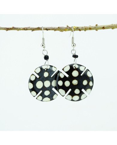African Handmade Round Polka Dot Notched Batik Bone Earrings Display