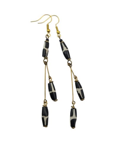Handmade African Brass Rod Batik Bone Dangle Earrings Flat Angle