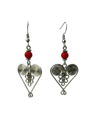 African Handmade Silver Wire Filigree Heart Earrings Red Bead Hanging