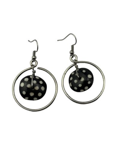 African Handmade Silver Wire Hoop Batik Polka Dot Bone Dangle Earrings Hanging
