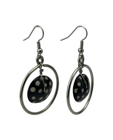 African Handmade Silver Wire Hoop Batik Polka Dot Bone Dangle Earrings Side