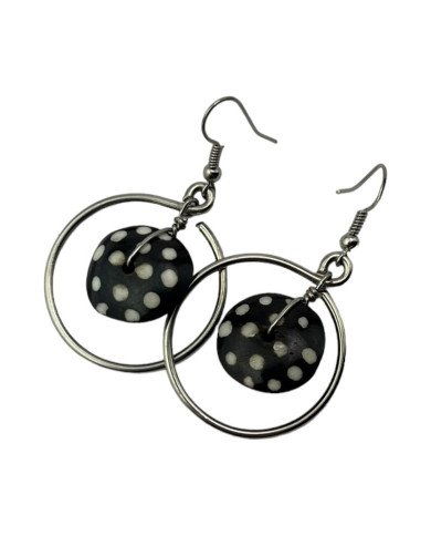 African Handmade Silver Wire Hoop Batik Polka Dot Bone Dangle Earrings Angle