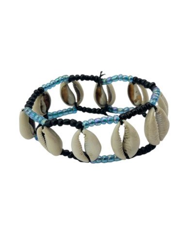 Handmade African Maasai Bead Cowrie Shell Elastic Bracelet Blue