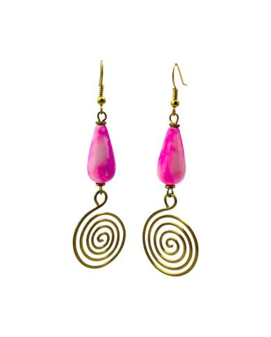 Handmade African Coiled Brass Light Pink Marbled Tear Drop Bead Earrings Hanging