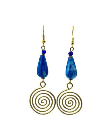 Handmade African Coiled Brass Blue Marbled Tear Drop Bead Earrings