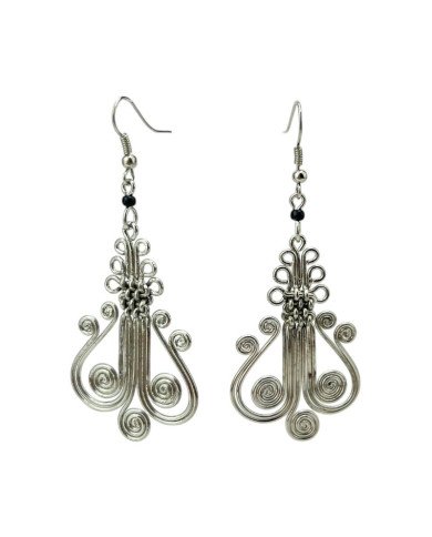African Handmade Silver Wire Wrap Filigree Harp Dangle Earrings
