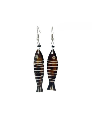 Brown Handmade African Cow Bone Striped Fish Earrings Hanging
