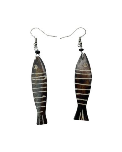 Handmade African Cow Bone Brown Striped Fish Earrings