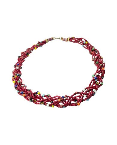 Red Handmade Braided Maasai Krobo Trade Bead Necklace Angle