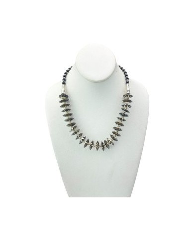 African Handmade Black Glass Batik Bone Bead Necklace Display