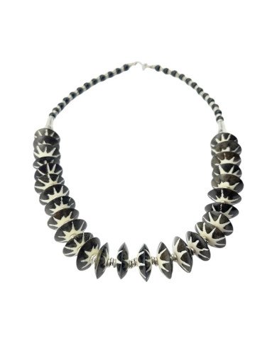 African Handmade Black Glass Batik Bone Bead Necklace Close