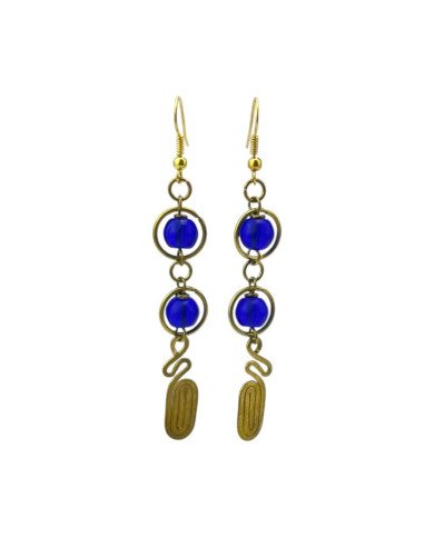 Handmade African Brass Drop Earrings Dark Blue Glass Beads