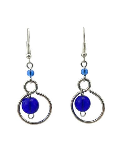 Handmade African Silver Wire Dark Blue Bead Dangle Earrings