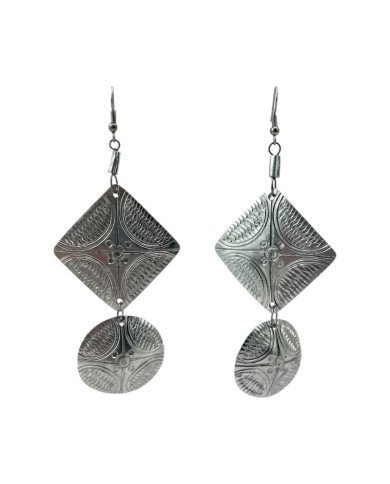 African Handstamped Recycled Aluminium Geometric Tiered Earrings Hanging