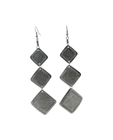 African Stamped Design Recycled Aluminium Tiered Square Earrings Hanging