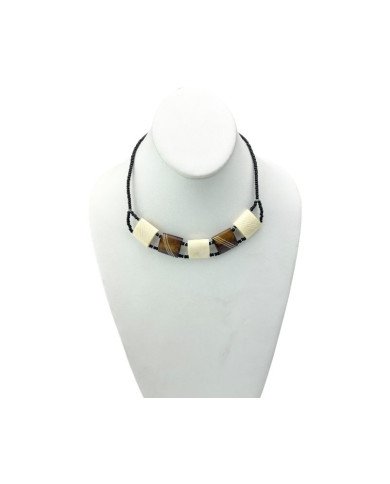 African Handmade White Brown Square Cow Bone Bead Necklace Bust