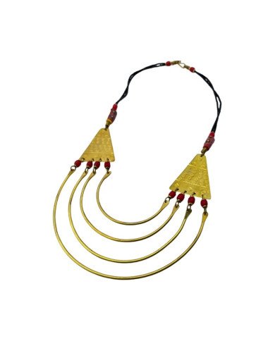 African Brass Bib Necklace - Red Beads