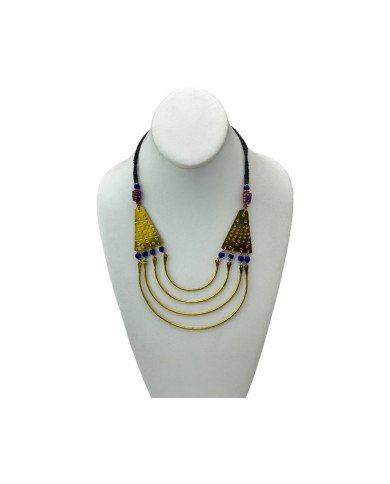 Handmade African Brass Bib Necklace - Blue Beads