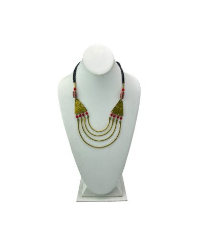 Handmade African Light Red Glass Bead Brass Bib Necklace