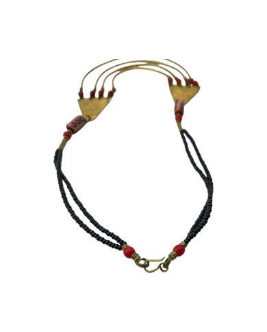 Handmade African Krobo Light Red Glass Bead Brass Bib Necklace Closure