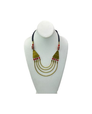 Handmade African Krobo Light Red Glass Bead Brass Bib Necklace Display