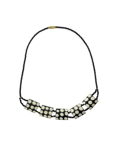 African Handmade Batik Polka Dot Square Cow Bone Bead Necklace