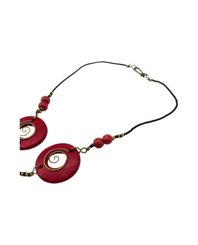 Copper Wire and Wood Bead Necklace Red 126-27
