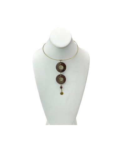 Handmade African Brown Coconut Shell Pendant Brass Wire Necklace Display