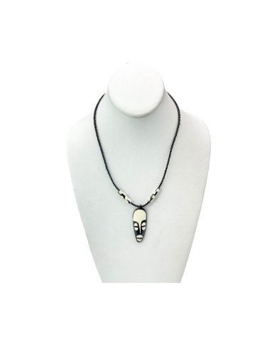 Handmade Black Maasai Bead Tribal Mask Batik Bone Pendant Necklace Display