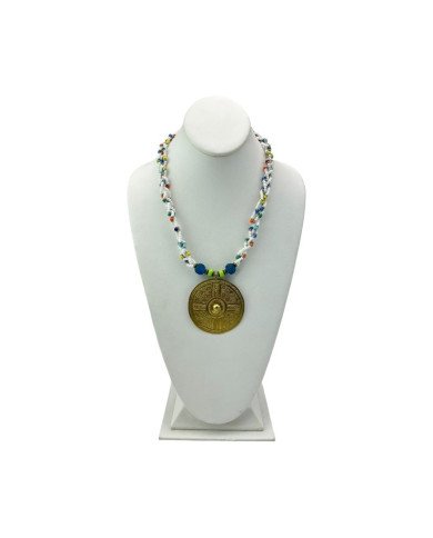 Handmade African Braided White Maasai Bead Brass Pendant Necklace