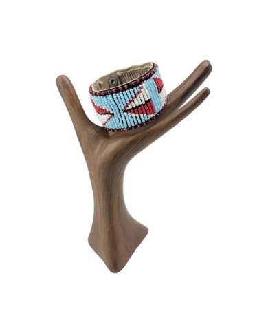 Handmade Maasai Bead Leather Cuff Bracelet Light Blue Display