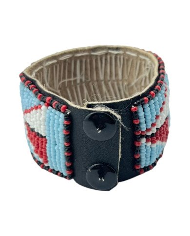 Handmade Maasai Bead Leather Cuff Bracelet Light Blue Snaps