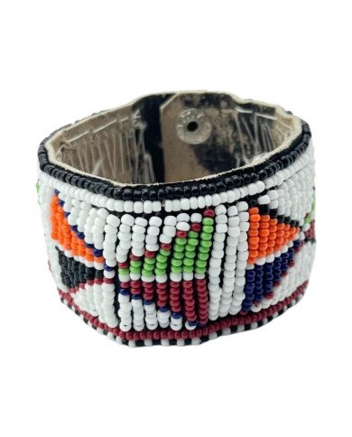Handmade Maasai Bead Leather Cuff Bracelet White