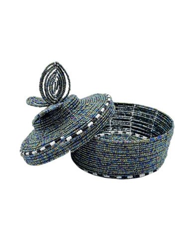 Maasai Bead Wire Jewelry Box Black White Iridescent  Offset Lid