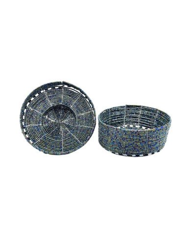 Maasai Bead Wire Jewelry Box Black White Iridescent  Lid Off