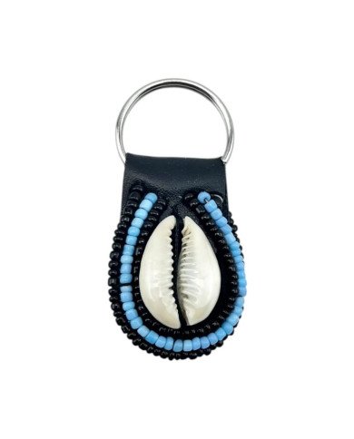 Maasai Bead Cowrie Shell Keychain - Light Blue