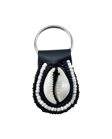 White Black Maasai Bead Cowrie Shell Keychain