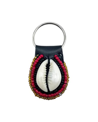 Red Gold Maasai Bead Cowrie Shell Keychain
