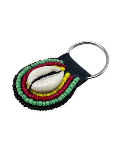 Green Red Maasai Bead Cowrie Shell Keychain Angle