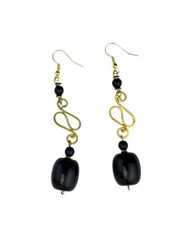 Brass Black Resin Bead Dangle Earrings