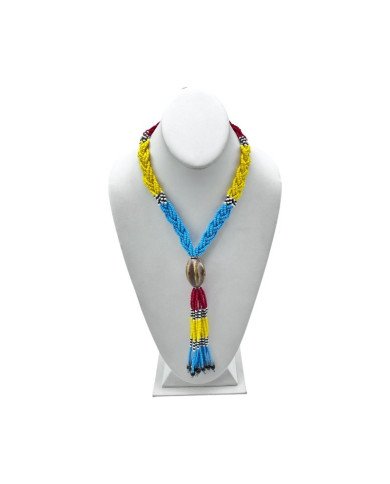 Handmade African Maasai Bead Necklace Braided Tassel Light Blue Display