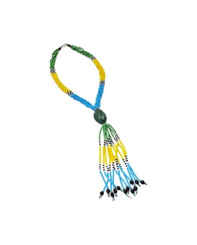 African Handmade Braided Maasai Bead Tassel Necklace Green Angled