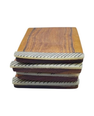 African Handmade Olive Wood Mchoro Edge Bone Inlay Coaster Set